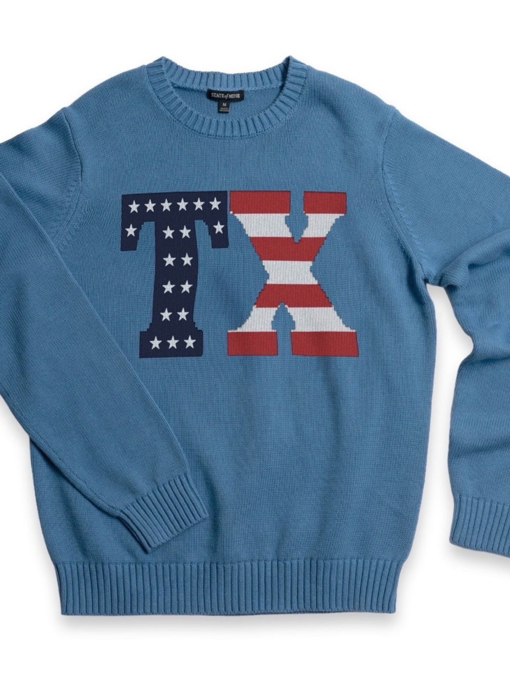 NWT NState of Mind Light Blue Crewneck Sweater with Red, White & Navy TX Graphi
